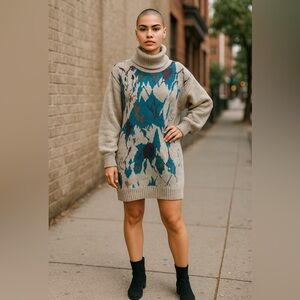 Organically‎ Grown Beige Teal Long Sleeve Sweater S Women Academia Casual Retro